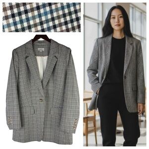 Ann Taylor LOFT Long Blazer Jacket Coat Sz 12 Large Plaid Gingham Black Blue Tan